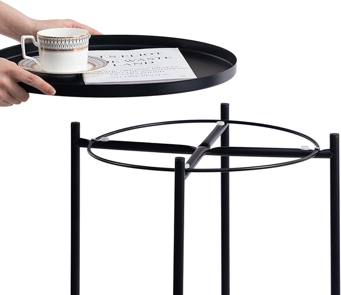 HollyHOME Round Metal Side Table, Outdoor Small Folding Accent Stand with Removable Tray, 17.72'' Portable End Table for Balconies, Gardens, Living Rooms and Bedrooms, Black