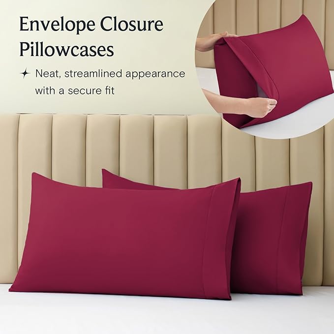 LuxClub 4 PC King Sheet Set, Breathable Luxury Bed Sheets, Deep Pockets Wrinkle Free Cooling Bed Sheets Machine Washable Hotel Bedding Silky Soft - Burgundy King