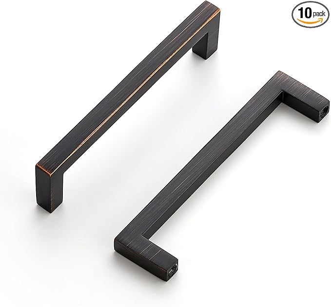 Ravinte 10 Pack Solid Kitchen Cabinet Handles Oil Rubbed Bronze Cabinet Pulls Slim Drawer Pulls with 4 Inch Hole Center Square Bar Kitchen Cabinet Hardware