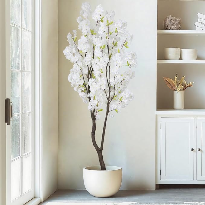 6.56ft White Artificial Cherry Blossom Tree Indoor Decor,Nearly Nature Silk Flower Fake Tree Tall,Realistic Outdoor Faux Cherry Plant Wishing Tree Front Door Handmade for Office Living Room Decor