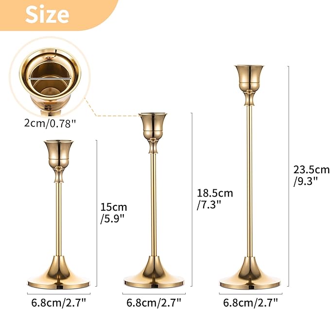 5 Sets(15 Pcs) Brass Gold Metal Taper Candle Holders Candlestick Holders, Vintage Modern Decorative Centerpiece Candlestick Holders for Table Mantel Wedding Housewarming Gift
