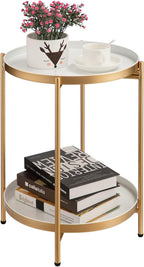 HollyHOME 2-Tier Round Gold Side Table, Outdoor Small Folding Accent Stand with Removable Tray, Anti-Rust Metal Asional Table for Balcony Patio Living Room, Nightstand for Bedroom(Gold&White)