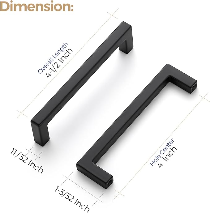 Ravinte 10 Pack Solid Kitchen Cabinet Handles Matte Balck Slim Cabinet Pulls Drawer Pulls with 4 Inch Hole Center Square Bar Kitchen Cabinet Hardware