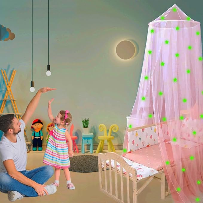 Eimilaly Stars Bed Canopy Glow in The Dark, Bed Canopy for Girls Mosquito Net, Princess Canopy for Girls Bed Room Decor, Pink