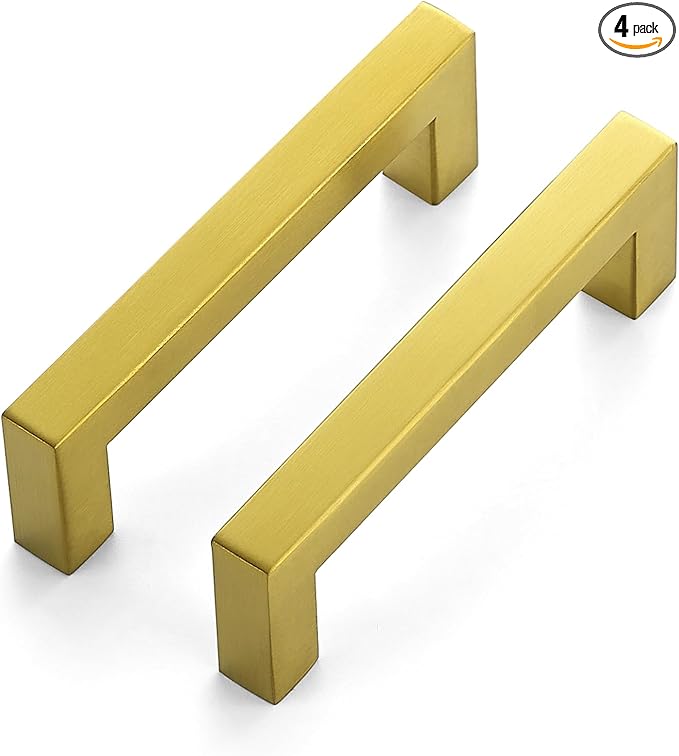 JOY DECOR 4 Pack Cabinet Handles, Gold Cabinet Pulls, 3-3/4 Inch Kitchen Closet Handles Square Drawer Pulls Stainless Steel Drawer Hardware, 96mm Hole Centers