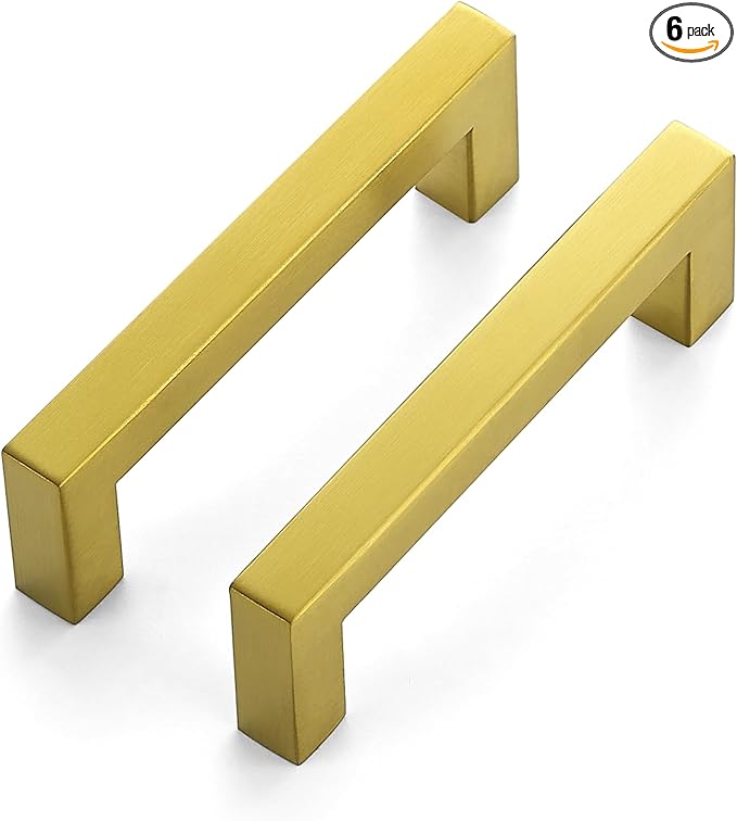 JOY DECOR 6 Pack Cabinet Handles, Gold Cabinet Pulls, 3-3/4 Inch Kitchen Closet Handles Square Drawer Pulls Stainless Steel Drawer Hardware, 96mm Hole Centers