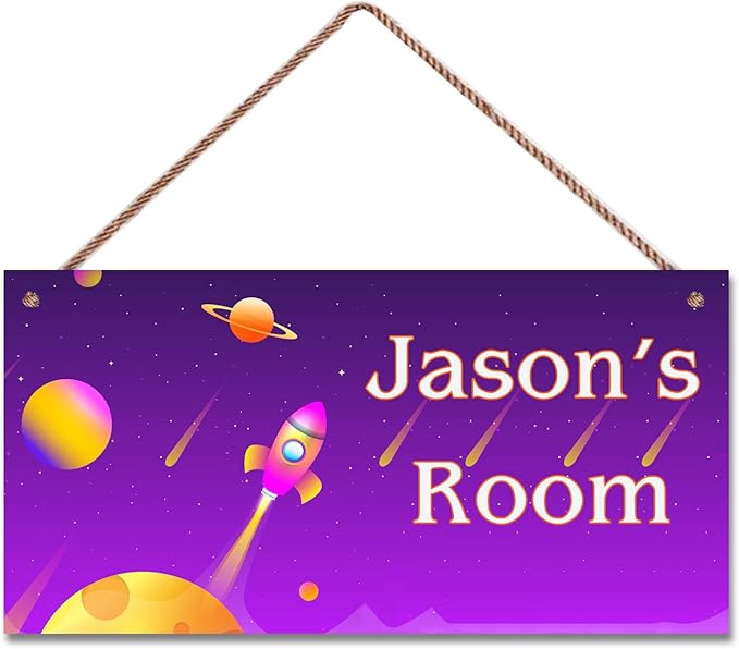 Personalized Sign Outer Space Theme Wall Art Decor For Kids Room Custom Name Universe Star Door Décor For Little Man Cave, Rocket Nursery Art Plate For Boys Room Girls Bedroom