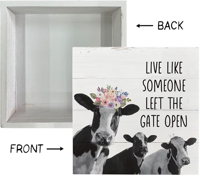 Inspirational Wood Signs, Wooden Box Sign Desk Decor, Cow Table Art, Plaque With Positive Saying, Farmhouse Tabletop, Country Style Home Decor, Live Like Someone Left the Gate Open