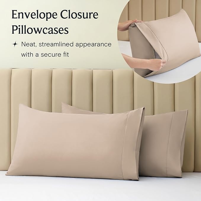 LuxClub 4 PC Full Sheet Set, Breathable Luxury Bed Sheets, Deep Pockets Wrinkle Free Cooling Bed Sheets Machine Washable Hotel Bedding Silky Soft - Light Khaki Full