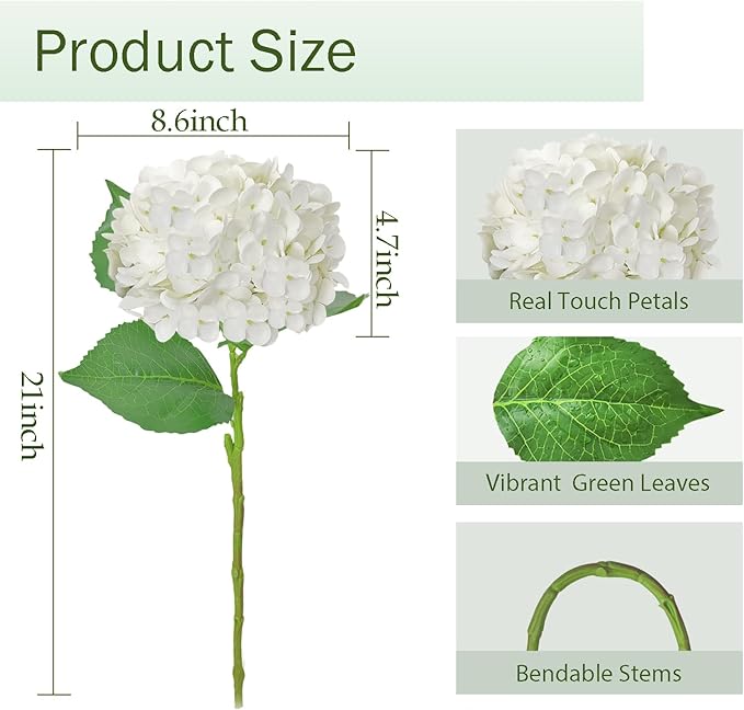 6 Pcs Real Touch White Hydrangea Artificial Flowers with Stems, Fake Silk Flowers for Outdoors, Artificial Flowers for Home Decor Wedding Bouquets Centerpieces Vase
