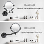 8" Wall Mounted Lighted Makeup Vanity Mirror with 3 Color Lights Stepless Dimming, 1X/10X Magnifying LED 2-Sided Bathroom Touch Sensor Extendable Arm 360 Swivel Shaving Mirror Hardwired, Matte Black
