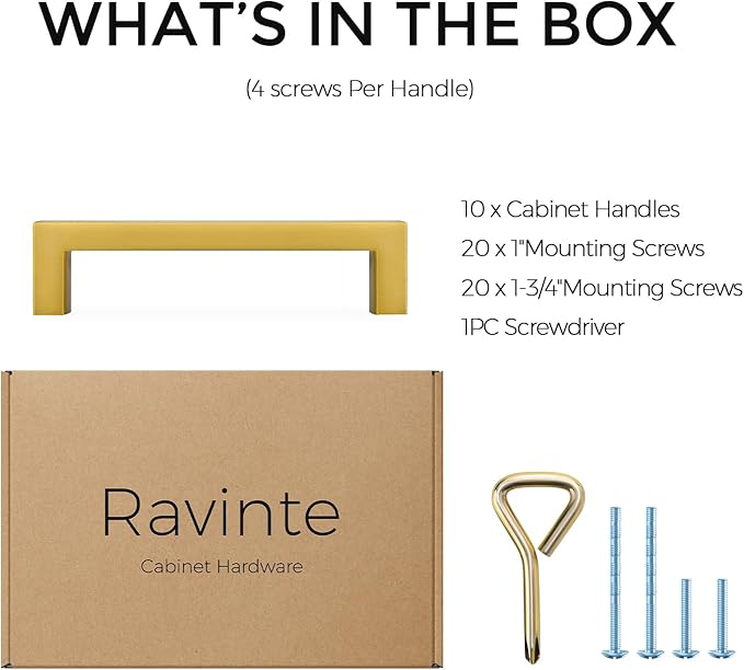 Ravinte 10 Pack Solid Kitchen Cabinet Handles Gold Slim Cabinet Pulls Drawer Pulls with 4 Inch Hole Center Square Bar Kitchen Cabinet Hardware Brushed Brass Cabinet pulls