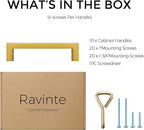 Ravinte 10 Pack Solid Kitchen Cabinet Handles Gold Slim Cabinet Pulls Drawer Pulls with 4 Inch Hole Center Square Bar Kitchen Cabinet Hardware Brushed Brass Cabinet pulls