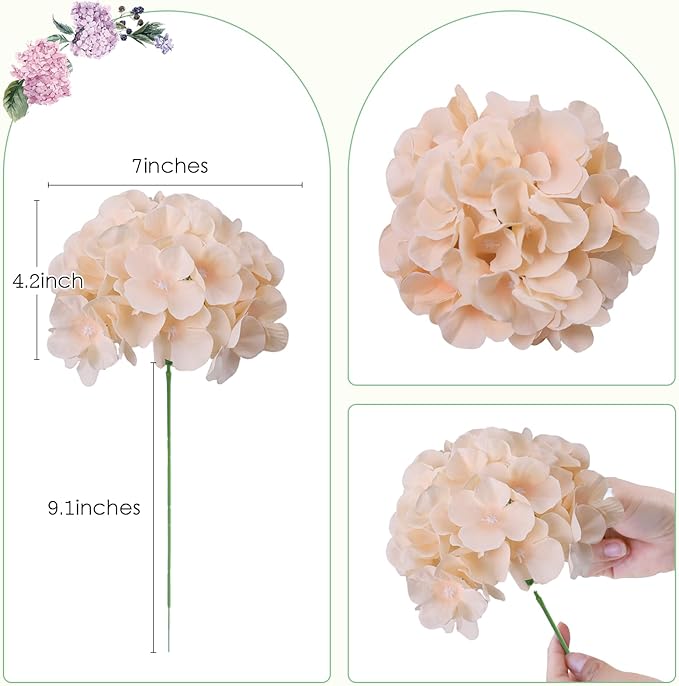 AVIVIHO 10pcs Hydrangea Artificial Flowers Champagne Fake Hydrangeas Flowers with Stems Full Fluffy, Realistic Silk Hydrangea for Table Centerpieces, Wedding,Party,Home Decor