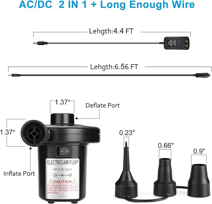 AGPTEK Electric Air Pump,Portable Air Pump with 3 Nozzles, 4.5kPa Quick-Fill,110V AC/12V DC Inflator/Deflator Pumps for Outdoor Camping, Inflatable Air Mattress Beds, Boats, Swimming Ring