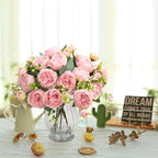 Artificial Peonies Silk Flowers in Glass Vase Faux Flowers Bouquets Modern Penoy Arrangement 4 Pack for Home Decoration Table Centerpiece (Pink)