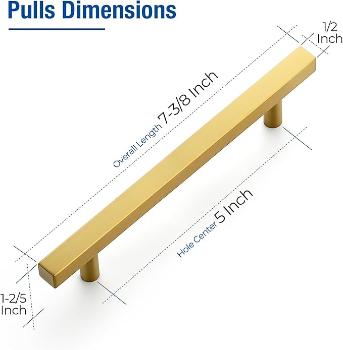 JOY DECOR 30 Pack 5 Inch Brushed Brass Square Cabinet Handles Stainless Steel Cabinet Hardware Pulls for Kitchen and Drawers with 7-3/8 Inch Overall Length