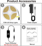 COB LED Strip,LED Strip Lights 3M/9.84ft,Touch Dimmable LED Strips,CRI90+,3000K Warm White cob led,960LEDs,24V LED Tape Lights,Indoor for Bedroom, Kitchen, TV, Mirror,Cabinet