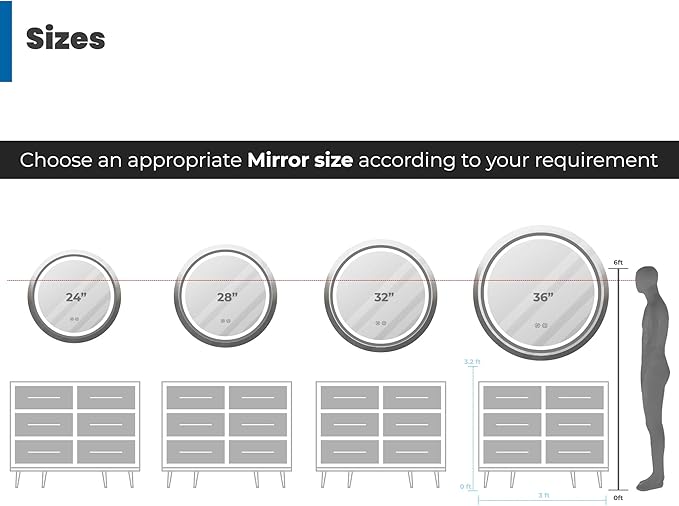Round LED Mirror for Bathroom, Black Metal Frame, 28”