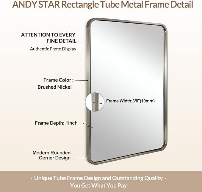 ANDY STAR 28x36 INCH Brushed Nickel Mirror, Rounded Rectangle Brushed Silver Metal Framed Mirrors for Bathroom Anti-Rust SUS304, Tube Metal Frame, 1’’ Deep Wall Mounted Vertically/Horizontal