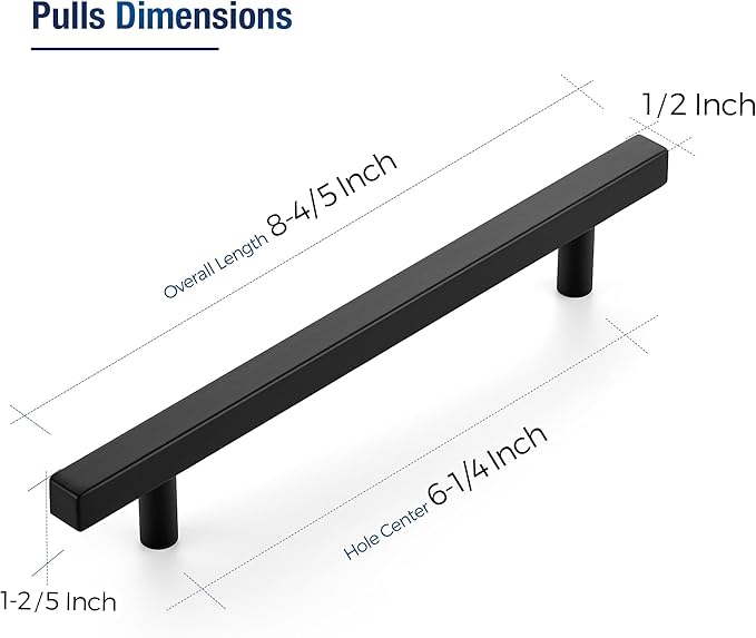 JOY DECOR 10 Pack 6-1/4 Inch Matte Black Square Cabinet Handles Stainless Steel Cabinet Hardware Pulls for Kitchen and Drawers with 8-13/16 Inch Overall Length