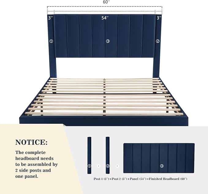 Allewie Queen Platform Bed Frame/Velvet Upholstered Bed Frame with Vertical Channel Tufted Headboard/Strong Wooden Slats/Mattress Foundation/Box Spring Optional/Easy Assembly/Navy Blue