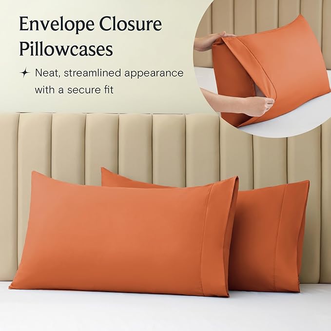 LuxClub 4 PC Queen Sheet Set, Deep Pockets Wrinkle Free Cooling Bed Sheets Hotel Bedding for Women, Men, Kids & Teens, Includes 1 Fitted Sheet, 1 Flat Sheet and 2 Pillowcases - Autumn Orange