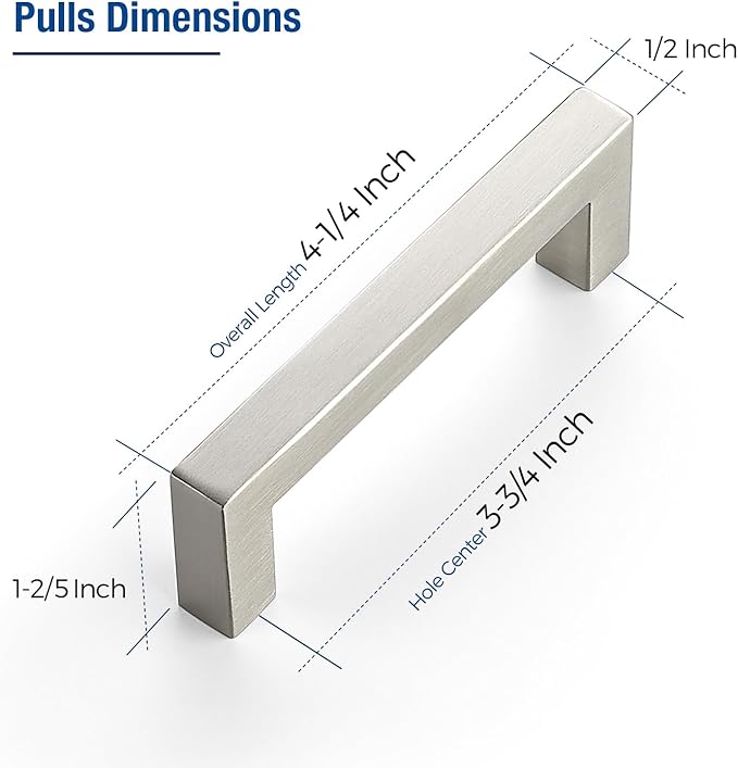 JOY DECOR 6 Pack Cabinet Handles, Brushed Nickel Cabinet Pulls, 3-3/4 Inch Kitchen Closet Handles Square Drawer Pulls Stainless Steel Drawer Hardware, 96mm Hole Centers