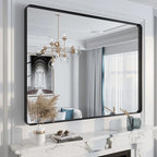 48x36 Matte Black Bathroom Mirror, Modern Rectangle Metal Framed Mirrors for Wall, Rounded Corners, Shatter-Proof (Horizontal/Vertical)