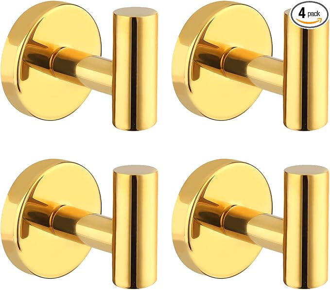 Bathroom Robe Towel Hooks Wall Hook Holder Heavy Duty Door Hanger Towel Robe Clothes Cabinet Closet Sponges Hook for Bathroom Bedroom Kitchen Hotel Pool 4 Packs(Bright Gold)