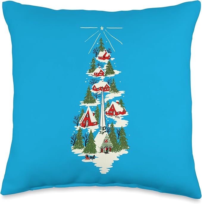 Vintage Scandinavian Christmas Collection Swedish Christmas Scene with Red Houses and Church in Snow Throw Pillow, 16x16, Multicolor
