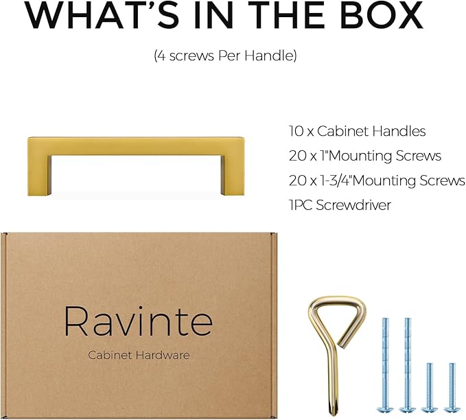 Ravinte 10 Pack Solid Kitchen Cabinet Handles Gold Slim Cabinet Pulls Drawer Pulls with 3-1/2 Inch Hole Center Square Bar Kitchen Cabinet Hardware Brushed Brass Cabinet pulls