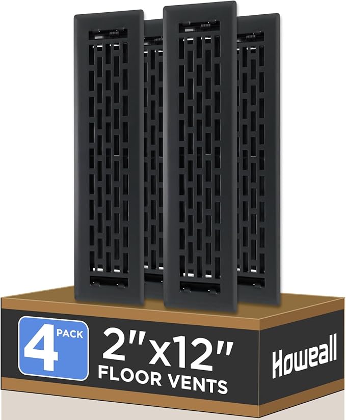 2x12 Inches 4 Pack Heavy Duty Walkable Floor Register - Easy Adjust Air Supply Lever Decorative Floor Vent Covers, Boston Design Vent Covers for Home - Matte Black