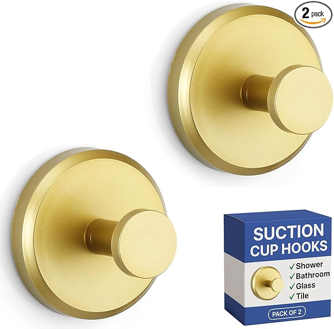 HOME SO Suction Cup Hooks for Shower, Bathroom, Kitchen, Glass Door, Mirror, Tile – Loofah, Towel, Coat, Bath Robe Hook Holder for Hanging up to 15 lbs – Waterproof, Matte Brushed Satin Gold (2-Pack)