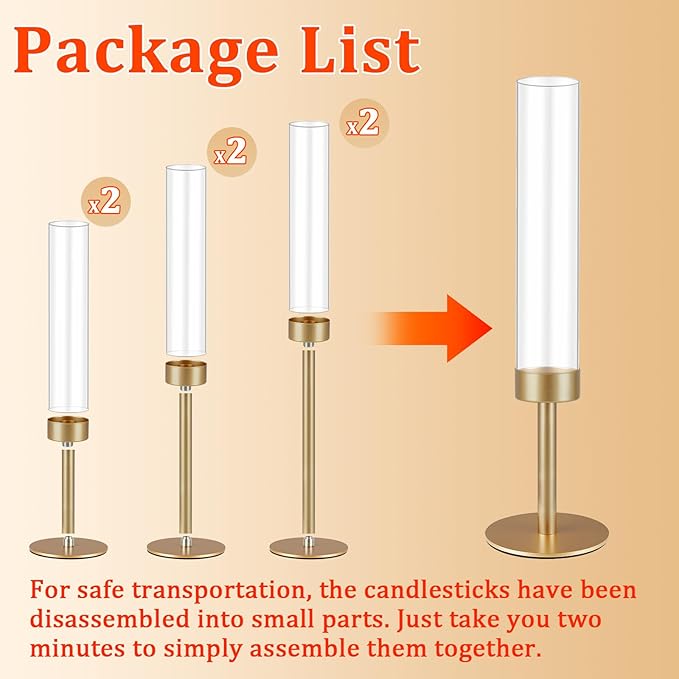 6Pcs Hurricane Glass Candle Holders Gold Candlestick Holders Taper Candle Holder with 9.8" Windproof Clear Cylinder Covers for Outdoor Indoor Tall Candle Stick Holder Decor for Wedding Party Fireplace
