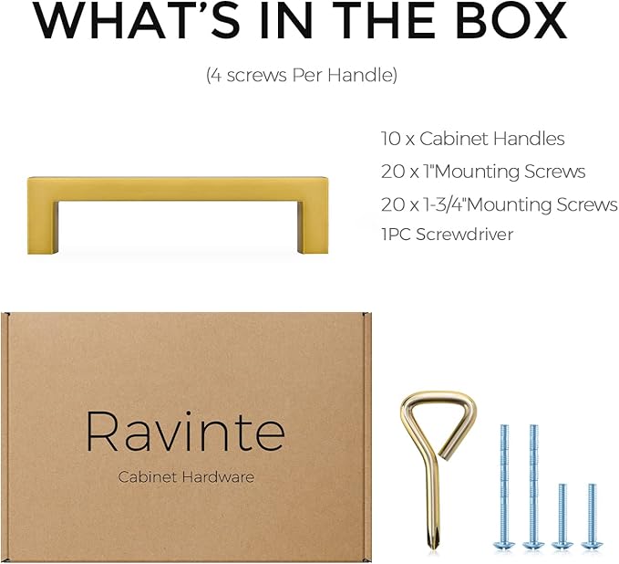 Ravinte 10 Pack Solid Gold Kitchen Cabinet Handles Slim Drawer Pulls with 3-3/4 Inch Hole Center Square Bar Cupboard Hardware