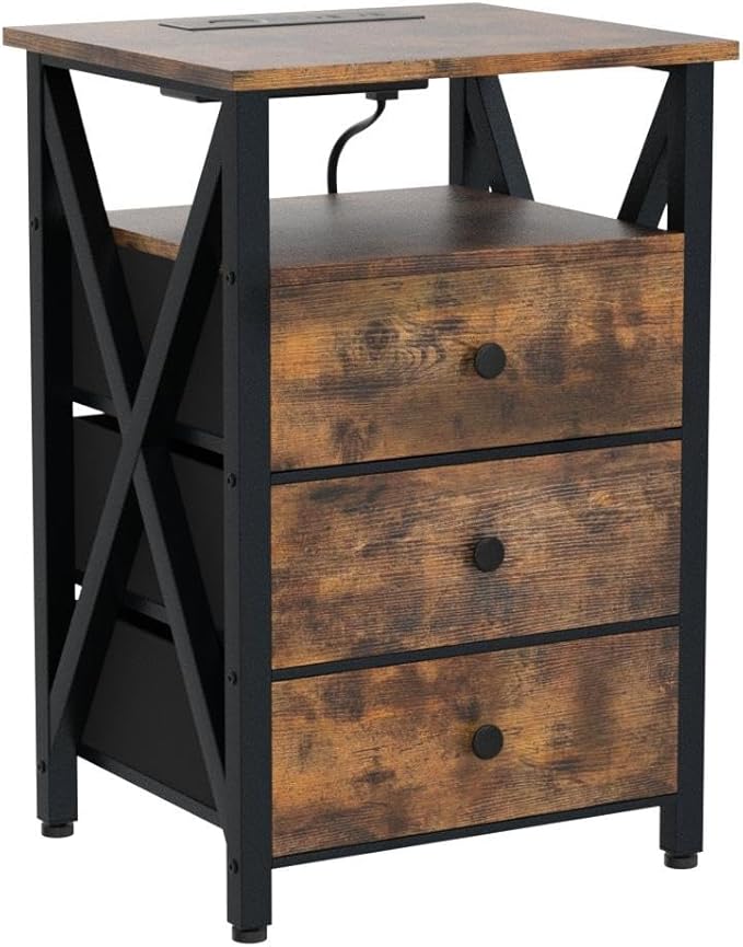 AMHANCIBLE Night Stand Set 2, LED Nightstand with Charging Station, End Side Tables with USB Port & Outlet, Bedside Tables with Fabric Drawers for Bedroom Living Room, Rustic Brown HET053LBR