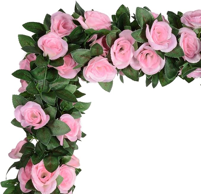 5Pcs(41FT) Flower Garland Artificial Rose Vine Garland Artificial Flowers for Wedding Party Arch Garden Floral Garlands Decor (Pink and Greenery)