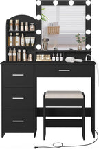 Quimoo Makeup Vanity with 10 Light Bulbs and Charging Station, Vanity Desk with Lighted Mirror & 4 Drawers, Vanity Table Set with Cushioned Stool,Black