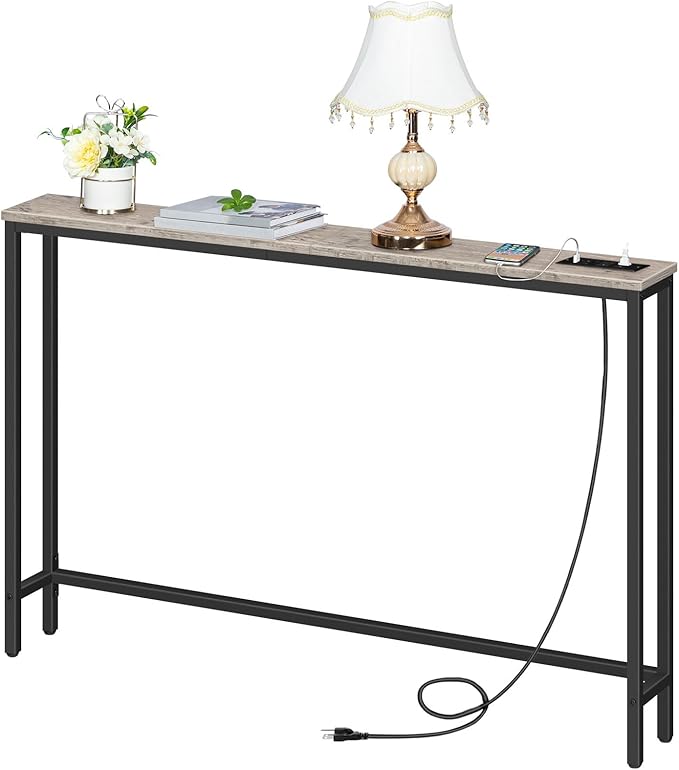 HOOBRO 2 Pack 47.2" Narrow Console Table with Power Outlets, 5.9" Behind Couch Table with Charging Station, Extra Long Sofa Table, Skinny Entryway Table for Living Room, Hallway, Greige BG15XGP201G1