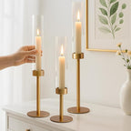 3Pcs Hurricane Glass Candle Holders Gold Candlestick Holders Taper Candle Holder with 9.8" Windproof Clear Cylinder Covers for Outdoor Indoor Tall Candle Stick Holder Decor for Wedding Party Fireplace
