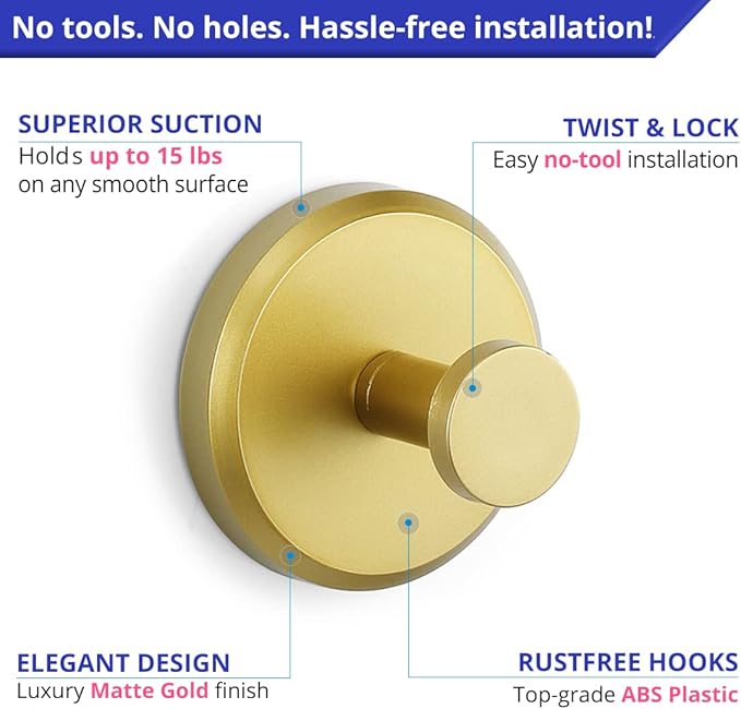 HOME SO Suction Cup Hooks for Shower, Bathroom, Kitchen, Glass Door, Mirror, Tile – Loofah, Towel, Coat, Bath Robe Hook Holder for Hanging up to 15 lbs – Waterproof, Matte Brushed Satin Gold (2-Pack)
