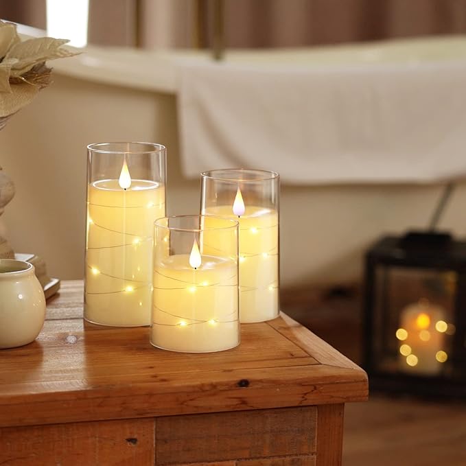 Homemory Flickering Flameless Candles with String Lights, Battery Operated Candles, Embedded String Lights LED Candles, Unbreakable Plexiglass Candle with Remote, Set of 3, Ivory White
