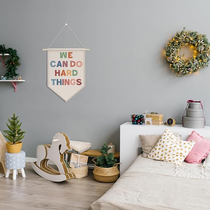 we can do hard things Positive Classroom Decor Canvas Hanging Pennant Flag Banner Wall Sign Decor for Playroom Bedroom