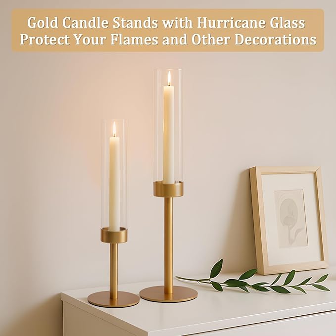 3Pcs Hurricane Glass Candle Holders Gold Candlestick Holders Taper Candle Holder with 9.8" Windproof Clear Cylinder Covers for Outdoor Indoor Tall Candle Stick Holder Decor for Wedding Party Fireplace