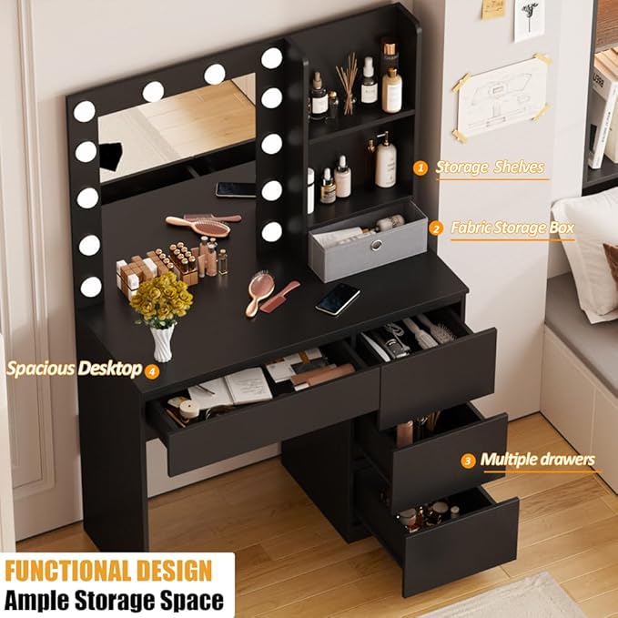 Vabches Makeup Vanity with Lights, 37inch Vanity Desk, 4 Large Drawers Dresser with Lighted Mirror, 3 Lighting Modes Brightness Adjustable, Black