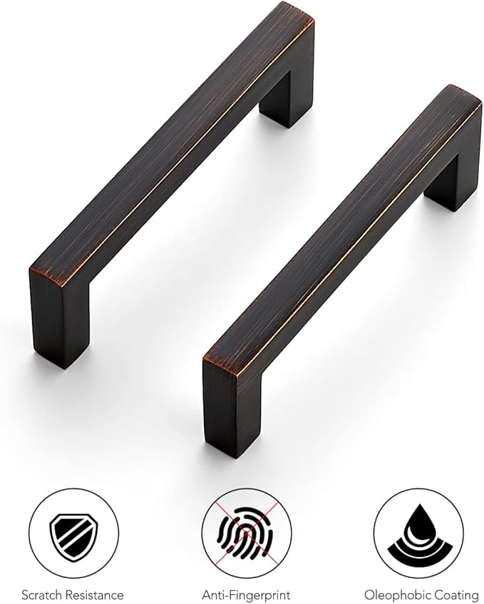 Ravinte 10 Pack Solid Kitchen Cabinet Handles Oil Rubbed Bronze Cabinet Pulls Slim Drawer Pulls with 3 Inch Hole Center Square Bar Kitchen Cabinet Hardware