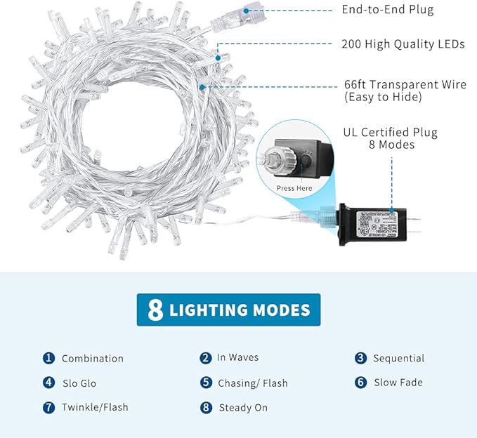 66Ft 200LED Blue Christmas Lights Plug in,Connectable Christmas Tree Lights,8 Modes String Lights Indoor Outdoor for Halloween Tree Party Bedroom Garden Decor (Clear Wire)
