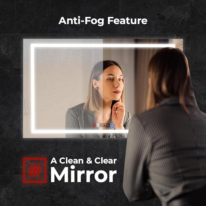Fab Glass and Mirror LED Mirror 40x32 Inches, Led Bathroom Mirror with Lights Front and Backlit Anti-Fog Memory Brightness, Three Color Options Frameless Wall Mounted Bathroom Vanity Mirror