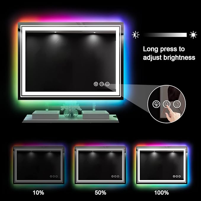 LED Mirror for Bathroom, 40"X32" with 8 RGB Backlit +3 Front Lit (Adjustable Individually), Anti-Fog, Lighted Bathroom Vanity Mirror for Wall, Shatterproof, Memory Function, Tempered Glass